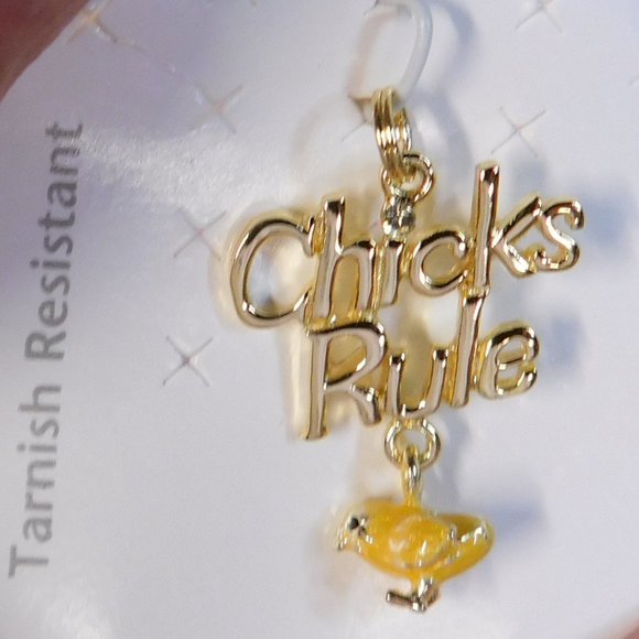 STERLING SILVER~"CHICKS RULE" PENDANT WITH HANGING ENAMELED CHICK~1" - Picture 7 of 7